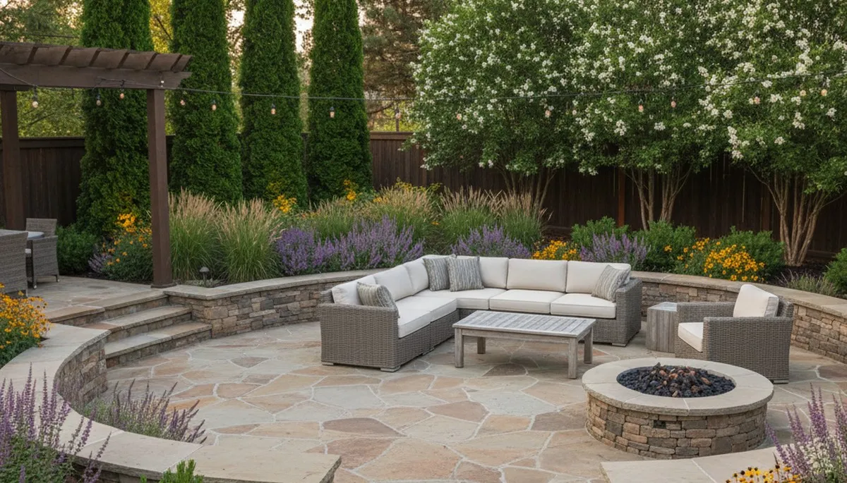 Backyard patio landscape with lighting and seating by Chop Chop Landscaping in Flagstaff, AZ