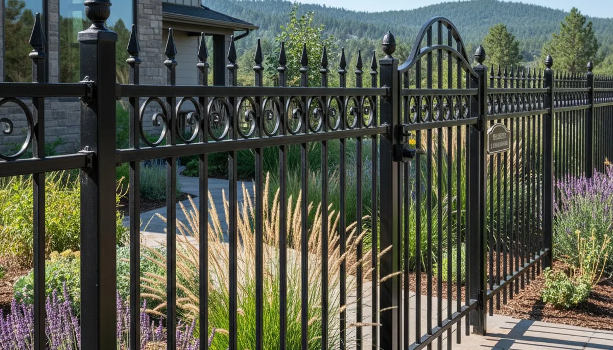 Black ornamental metal fence installation by Chop Chop Landscaping in Flagstaff, AZ
