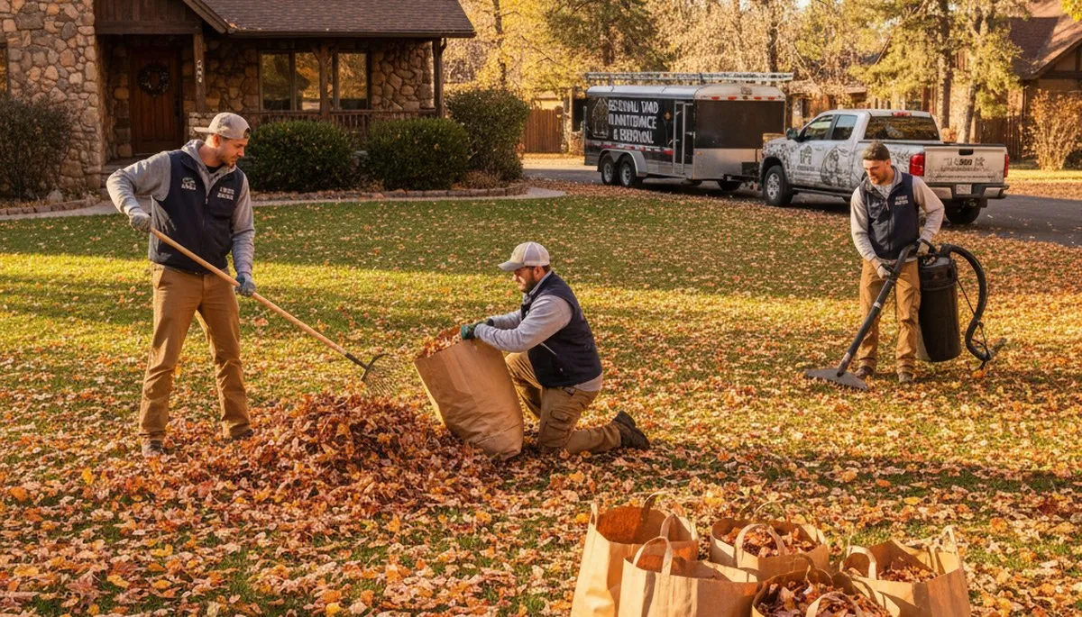 Technicians performing fall leaf removal and yard cleanup in Flagstaff, AZ for Chop Chop Landscaping