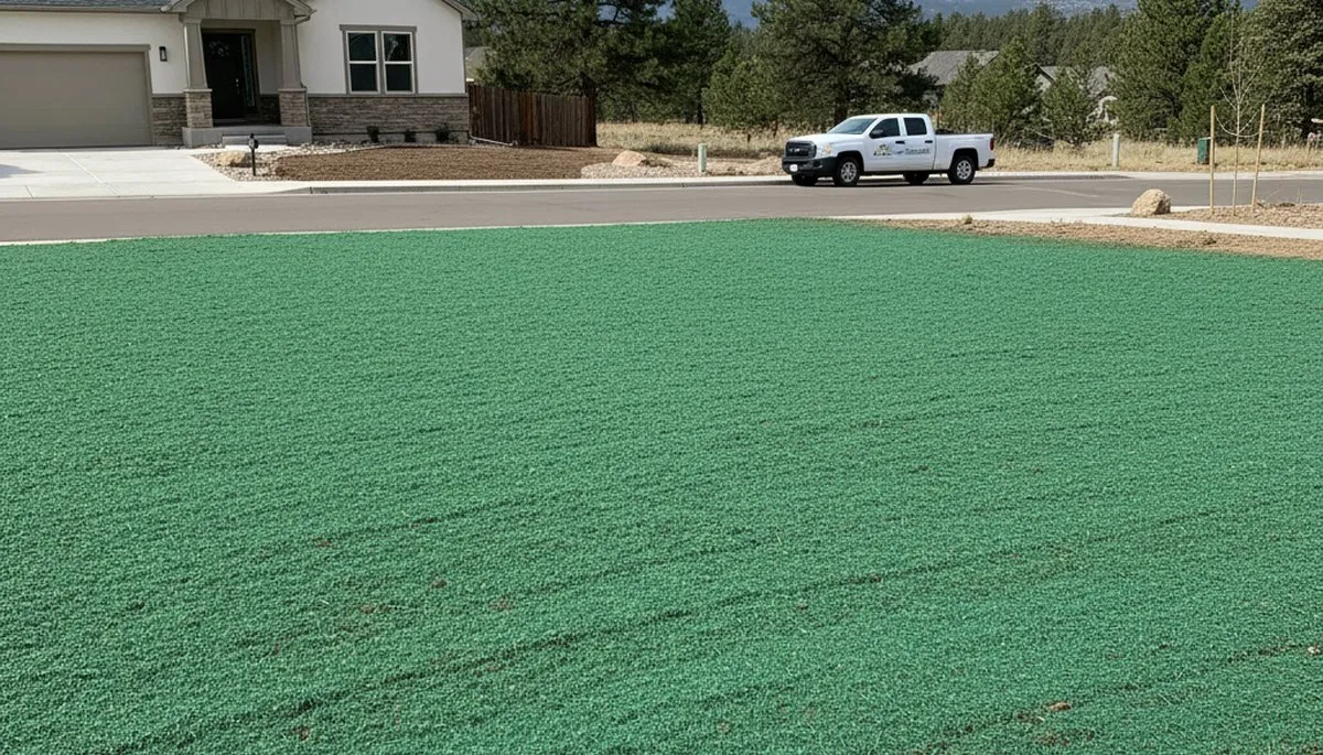 Freshly applied hydroseed coating soil with uniform green layer in Flagstaff, AZ landscaping project