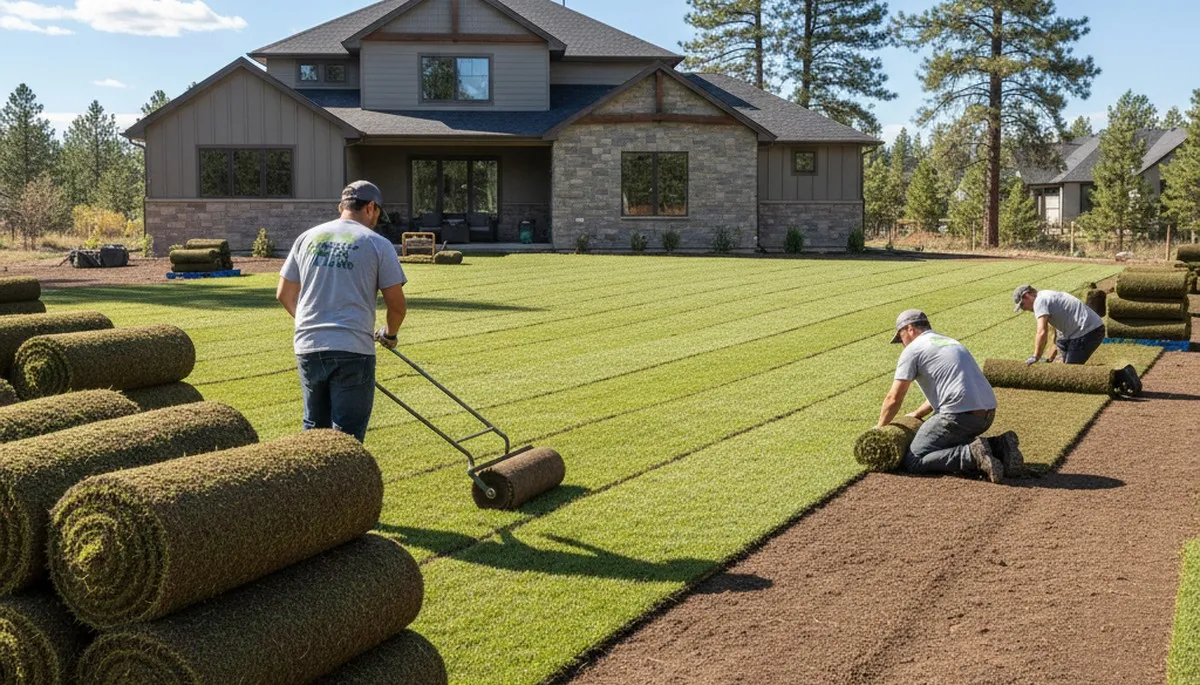 Professional sod installation with fresh green rolls in Flagstaff AZ by Chop Chop Landscaping