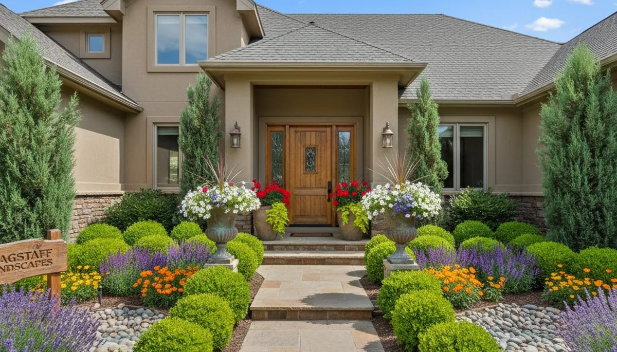 Front yard landscape design with colorful shrubs and flowers by Chop Chop Landscaping in Flagstaff, AZ