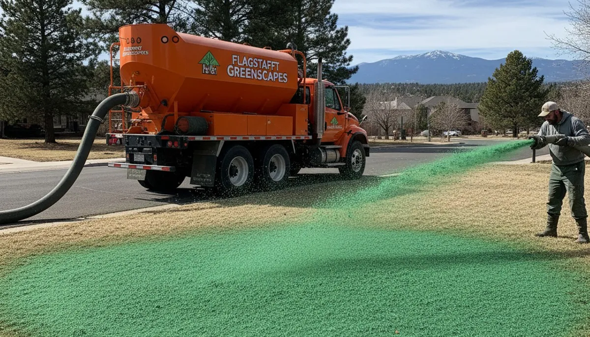 Hydroseeder truck spraying green slurry for new lawn installation in Flagstaff, AZ landscaping project