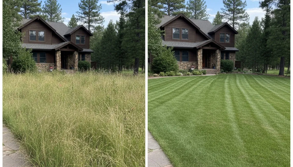 Before and after lawn mowing transformation by Chop Chop Landscaping in Flagstaff, AZ