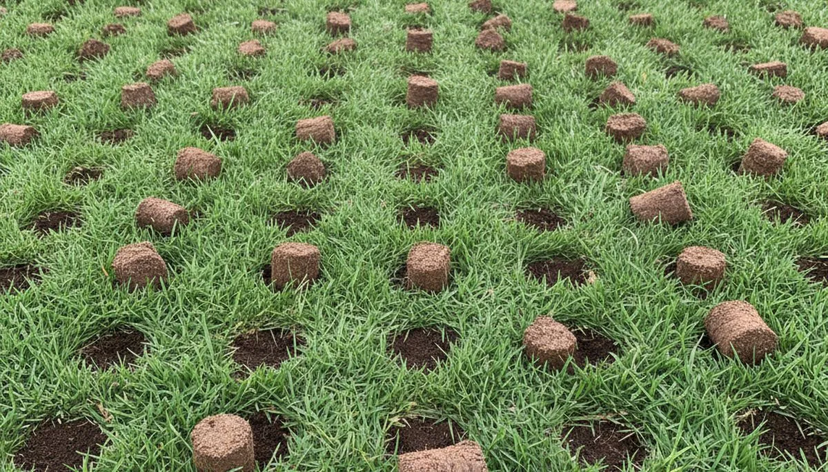 Close-up of lawn aeration soil core plugs on turf in Flagstaff, AZ by Chop Chop Landscaping